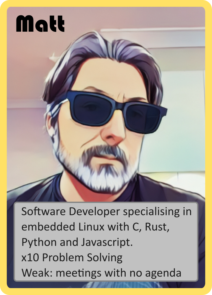 Front design of the Matt Pokemon Card, with the stats and info around the edge